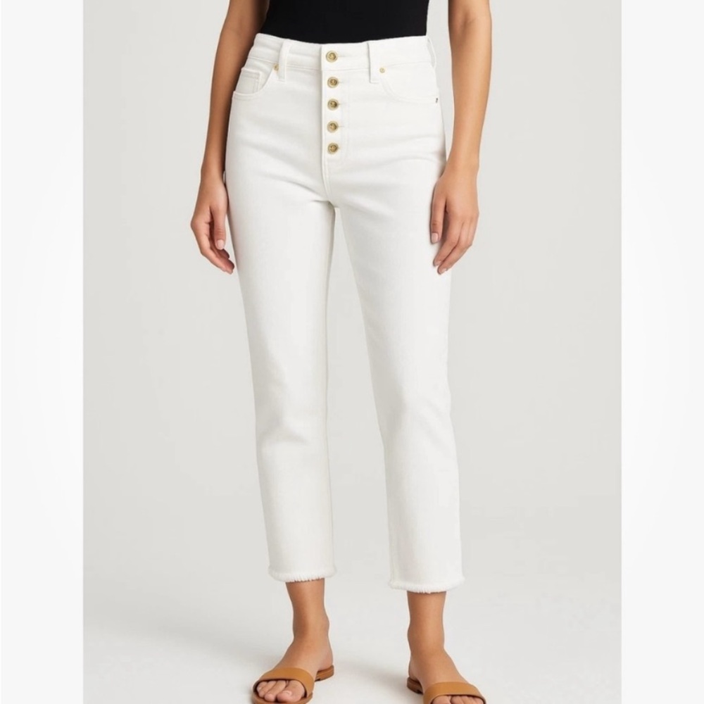 Michael Kors Selma Button-Fly Cropped Jeans in white/off-white gold button 10